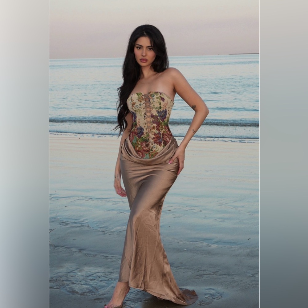 Fashion Nova Strapless Floral Lace-Up Corset Satin Dress in Taupe and Multicolor